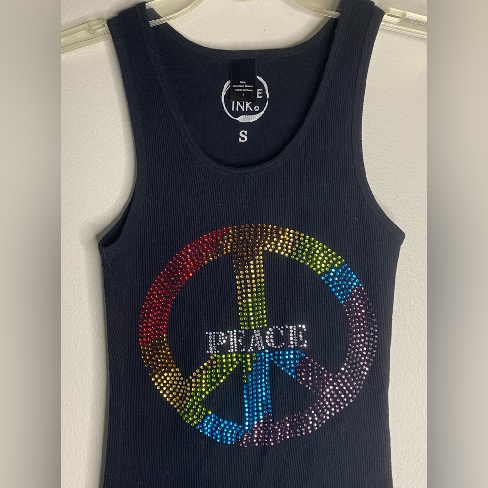 NWOT! Hippie Ink Black Ribbed 100% Cotton Rhinestone Peace Sign Tank Top -Size S